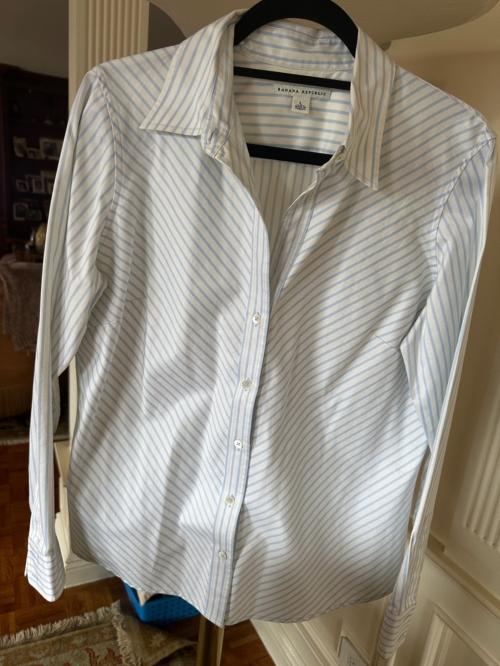 Banana Republic White and Light Blue Diagonal Stripe Dress Shirt